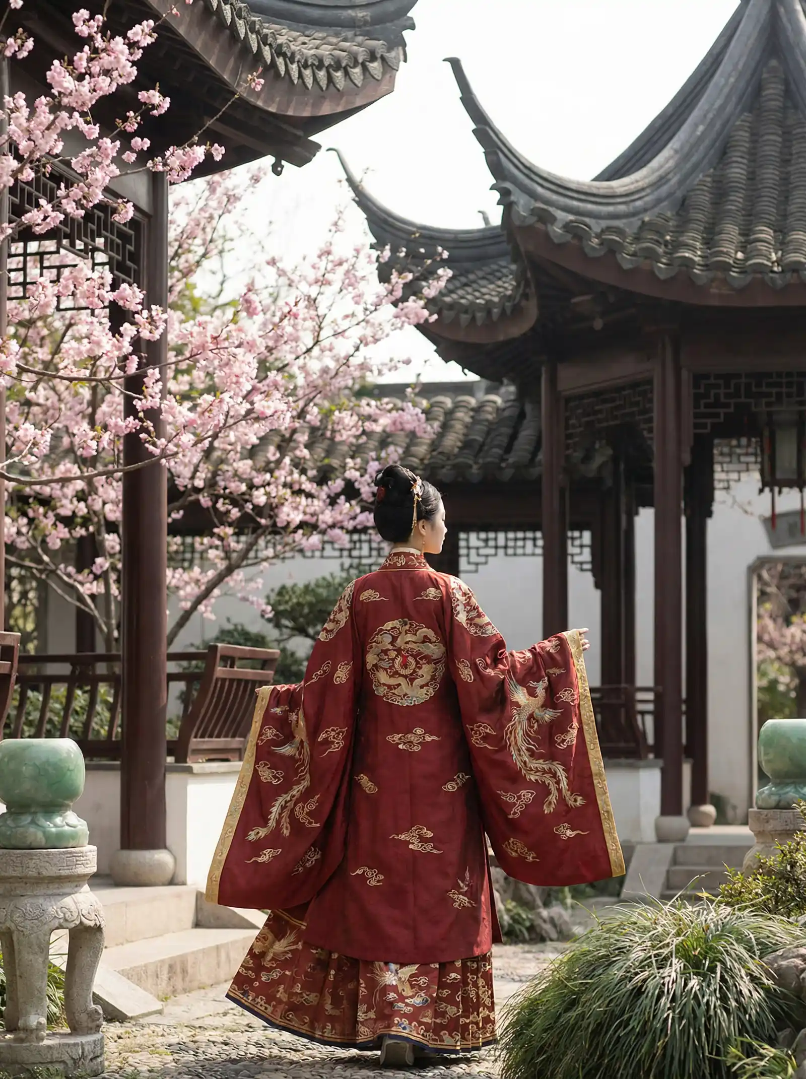 无颜之月增删带翻译樱花 明制汉服红色凤凰刺绣